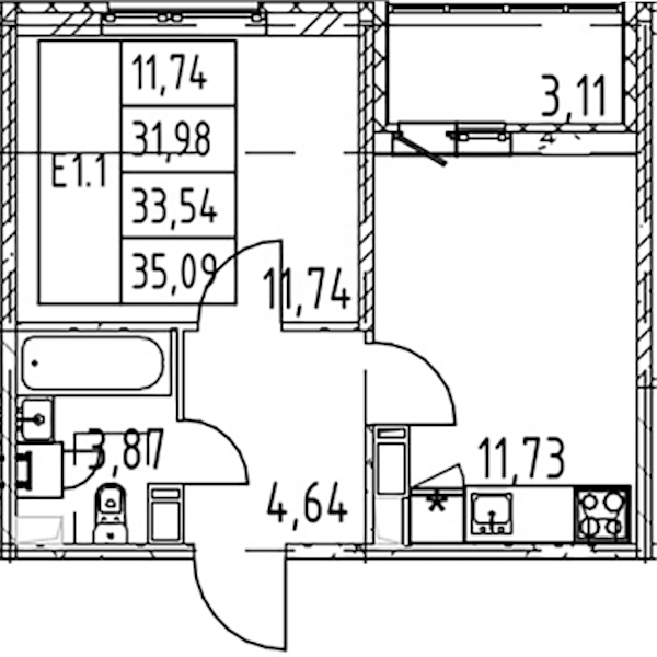 1-комнатная квартира 31.98 м², 2/12 эт., ЖК «Полис ЛАВрики»